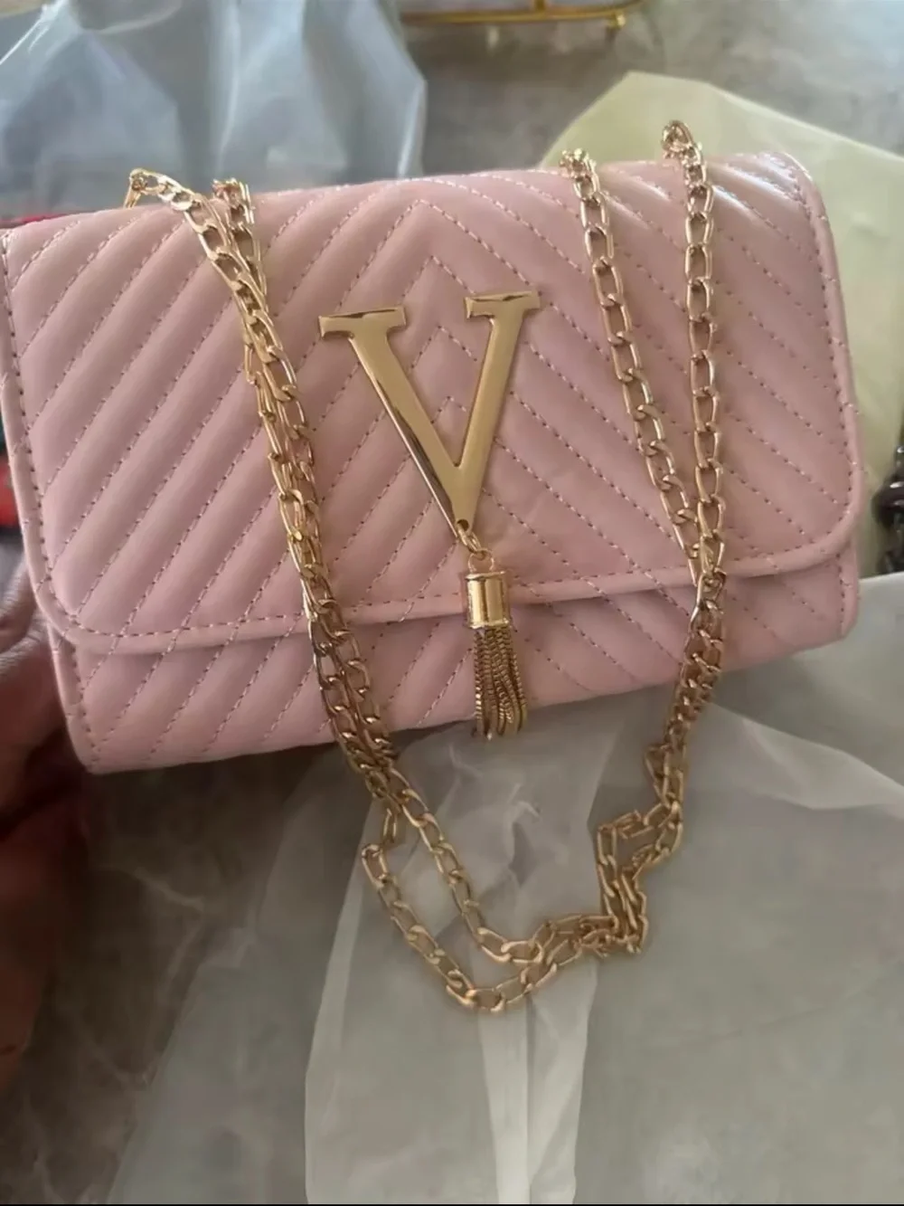 Quilted Light Pink Shoulder Bag with Gold V Accent